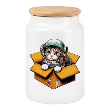 Astronaut Katze - Keksdose mit Holzdeckel - Weiß - Vorne