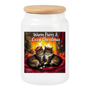 Christmas spirit, cat warmth by the fireplace - Cookie Jar with Wooden Lid - white - Front