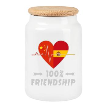 China and Spain 100% friendship - Cookie Jar with Wooden Lid - white - Front