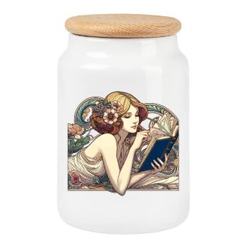 Jugendstil Frau Buch Bücher Lesen Geschenk - Keksdose mit Holzdeckel - Weiß - Vorne