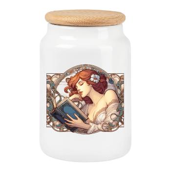 Jugendstil Frau Buch Bücher Lesen Geschenk - Keksdose mit Holzdeckel - Weiß - Vorne