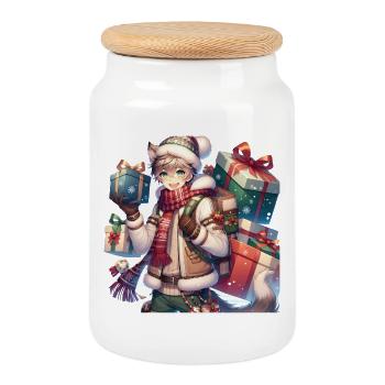 Winterliches Manga Geschenk-Design für Weihnachten - Keksdose mit Holzdeckel - Weiß - Vorne