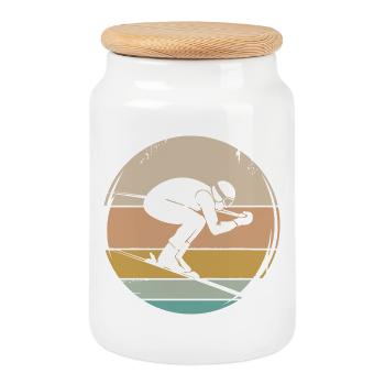 Skifahrer retro Abfahrt Winter Wintersport Symbol - Keksdose mit Holzdeckel - Weiß - Vorne
