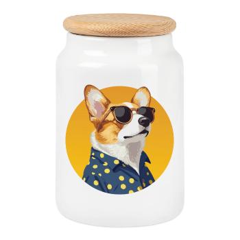 Stylischer Corgi Hund im Polka Dot Shirt - Keksdose mit Holzdeckel - Weiß - Vorne