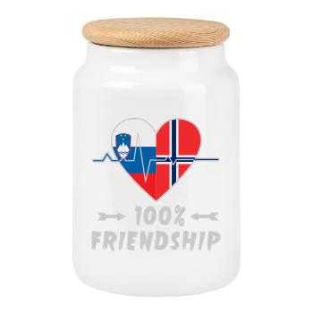 Slovenia and Norway 100% friendship - Cookie Jar with Wooden Lid - white - Front