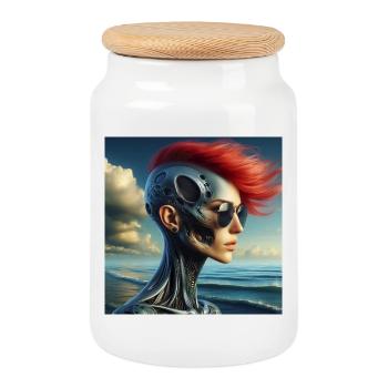 Cyberpunk Woman - Cookie Jar with Wooden Lid - white - Front