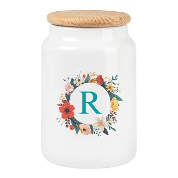 R Monogram, Couronne de fleurs, Personnalisable - Boîte à biscuits avec couvercle en bois - blanc - Devant