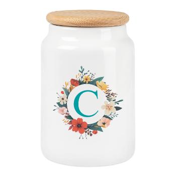 C Monogram, Couronne de fleurs, Personnalisable - Boîte à biscuits avec couvercle en bois - blanc - Devant