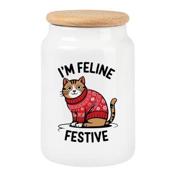 Festliche Katze mit Weihnachtspullover - Keksdose mit Holzdeckel - Weiß - Vorne