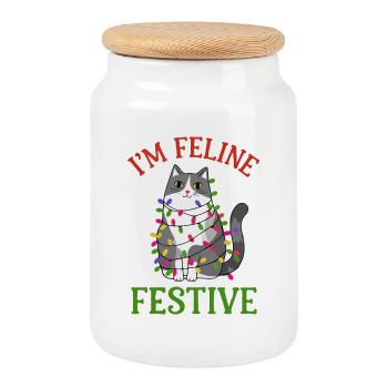 Katzenfestliches Lichterketten-Design - Keksdose mit Holzdeckel - Weiß - Vorne