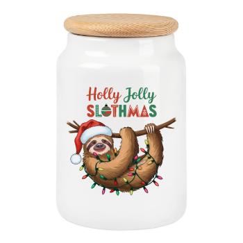 Festive Sloth with Christmas Lights - Cookie Jar with Wooden Lid - white - Front