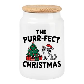 Festive Cat with Christmas Tree - Cookie Jar with Wooden Lid - white - Front