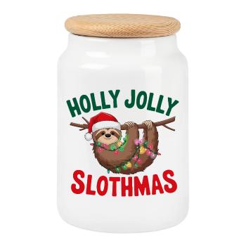 Festive Sloth Christmas Design with Lights - Cookie Jar with Wooden Lid - white - Front
