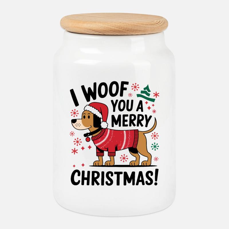 Festlicher Hund im Weihnachtspullover - Keksdose mit Holzdeckel - Weiß