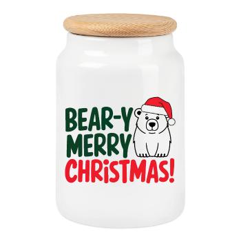 Festive Bear Christmas Design - Cookie Jar with Wooden Lid - white - Front