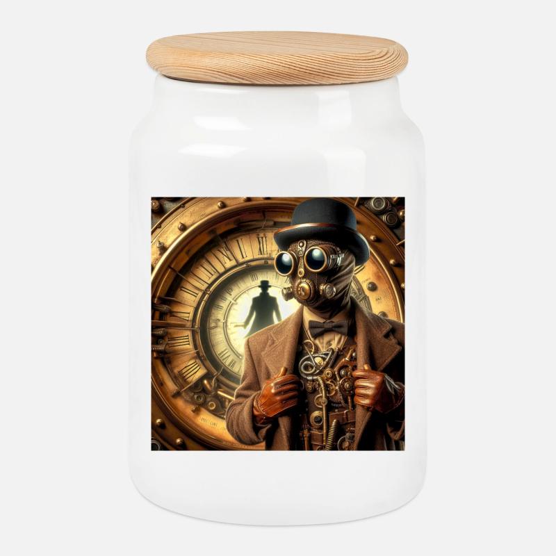 Sherlock Holmes Steampunk - Cookie Jar with Wooden Lid - white