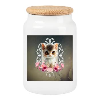Lovely and fluffy kitten - Cookie Jar with Wooden Lid - white - Front