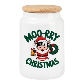 Festliches Kuh Santa Weihnachtsdesign - Keksdose mit Holzdeckel - Weiß - Vorne
