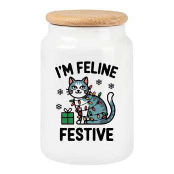 Festive Cat in Christmas Lights - Cookie Jar with Wooden Lid - white - Front