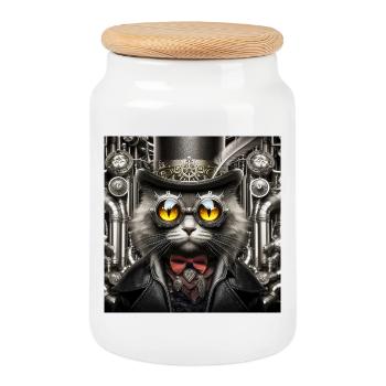 Steampunk Cat - Cookie Jar with Wooden Lid - white - Front