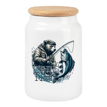 Temps de pêche ours pêche pêcheur poisson cadeau - Boîte à biscuits avec couvercle en bois - blanc - Devant