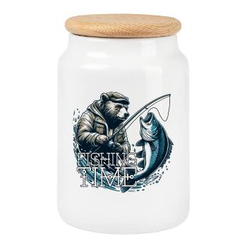 Temps de pêche ours pêche pêcheur poisson cadeau - Boîte à biscuits avec couvercle en bois - blanc - Devant