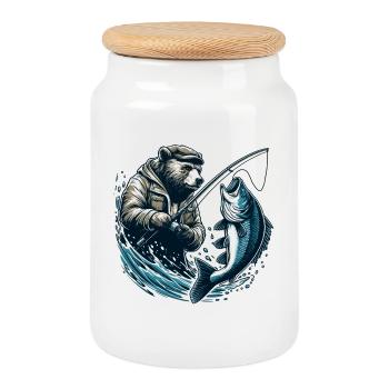 Bear Fishing Angler Fish Gift - Cookie Jar with Wooden Lid - white - Front