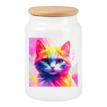 Vibrant Rainbow Cat Artwork - Cookie Jar with Wooden Lid - white - Front