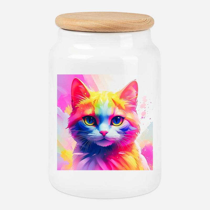 Lebendiges Regenbogenkatzen-Kunstwerk - Keksdose mit Holzdeckel - Weiß