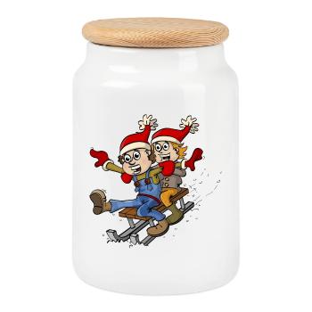 Deux enfants s’amusent sur un traîneau. - Boîte à biscuits avec couvercle en bois - blanc - Devant