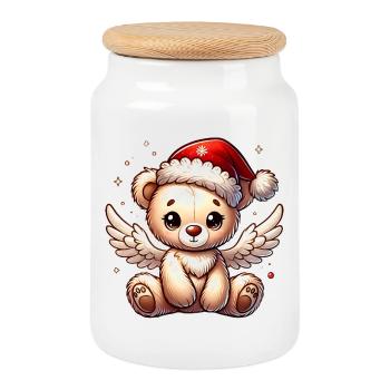 Teddybär Engel-süßer Begleiter der Weihnachtszeit - Keksdose mit Holzdeckel - Weiß - Vorne