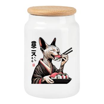 Sushi Sphynx Katze Maki Kimono Geschenk - Keksdose mit Holzdeckel - Weiß - Vorne