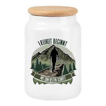 Freedom begins with the first step – hiking - Cookie Jar with Wooden Lid - white - Front