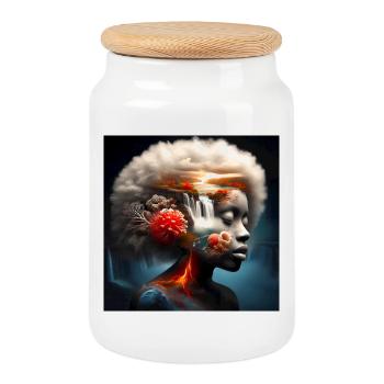 Surrealist Face - Cookie Jar with Wooden Lid - white - Front