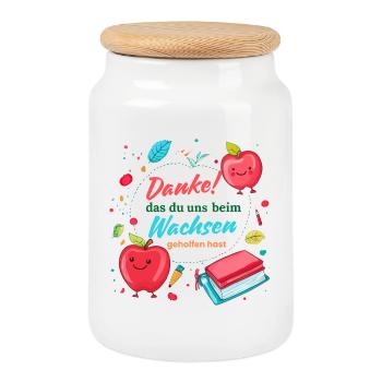 Danke das du uns beim Wachsen geholfen hast! - Keksdose mit Holzdeckel - Weiß - Vorne