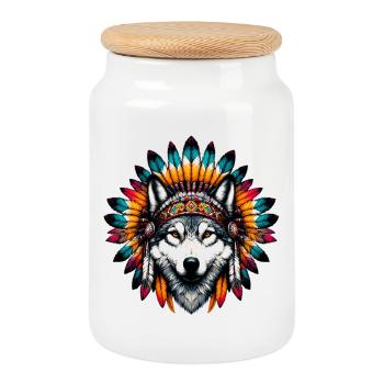 Amerikanischer Indianerwolf Amerikanische Rothaut - Keksdose mit Holzdeckel - Weiß - Vorne
