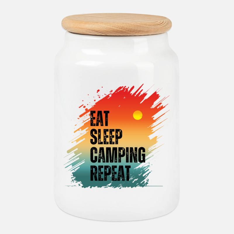 ESSEN SCHLAFEN CAMPING WIEDERHOLEN - Keksdose mit Holzdeckel - Weiß