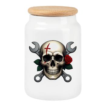 Skull Art - Modern Skull in Dual-Color Design - Cookie Jar with Wooden Lid - white - Front