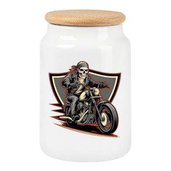 Fearless biker on a gloomy ride - Cookie Jar with Wooden Lid - white - Front