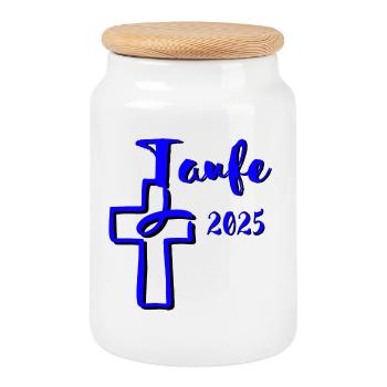 Baptism 2025 Fish Dips in Cross Blue Contrast - Cookie Jar with Wooden Lid - white - Front