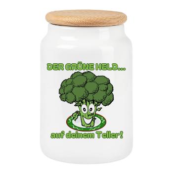 Broccoli: The green hero on your plate! - Cookie Jar with Wooden Lid - white - Front