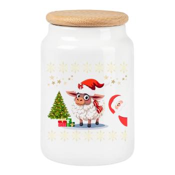 Festive Christmas Sheep - Cute Sweaters and Outfit - Cookie Jar with Wooden Lid - white - Front