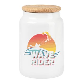 Conception de kitesurf Sunset Wave Rider - Boîte à biscuits avec couvercle en bois - blanc - Devant