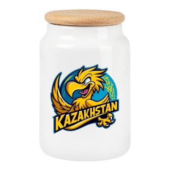 Kazakhstan aigle crête dessin animé drapeau cadeau - Boîte à biscuits avec couvercle en bois - blanc - Devant