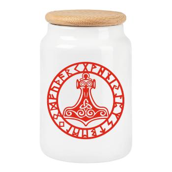 Red Viking hammer - Cookie Jar with Wooden Lid - white - Front