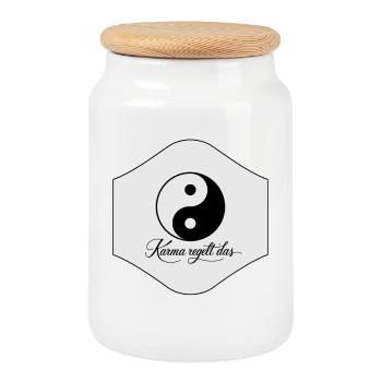 Karma regulates this - calm, strength, Zen & Yoga - Cookie Jar with Wooden Lid - white - Front