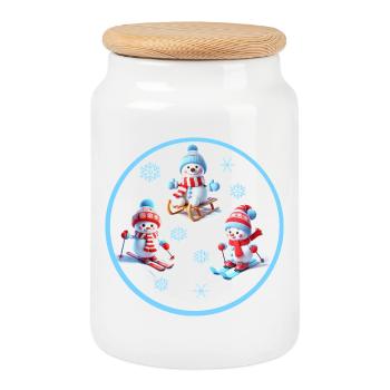 Winter pleasures, snowmen, skiing fun - Cookie Jar with Wooden Lid - white - Front