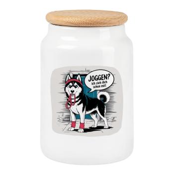 Husky Joggen? Ich zieh Dich mit Hundeliebe - Keksdose mit Holzdeckel - Weiß - Vorne