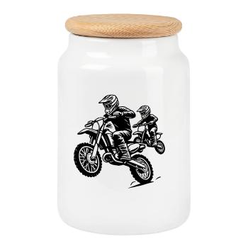 Motocross Family Ride - Father and Child Design - Cookie Jar with Wooden Lid - white - Front