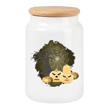 Bäume, Kürbisse, Halloween Outfit, Gruselige Print - Keksdose mit Holzdeckel - Weiß - Vorne